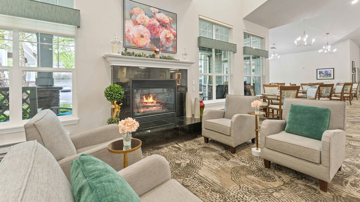 A cozy fireplace lounge at Glenmoore